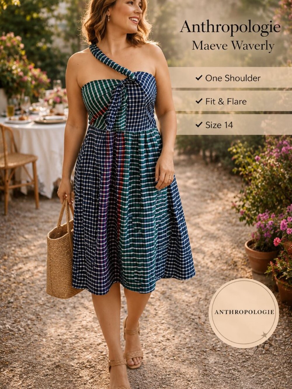 Maeve Anthropologie Waverly Dress SZ14 One Shoulder Gingham Plaid Fit & Flare